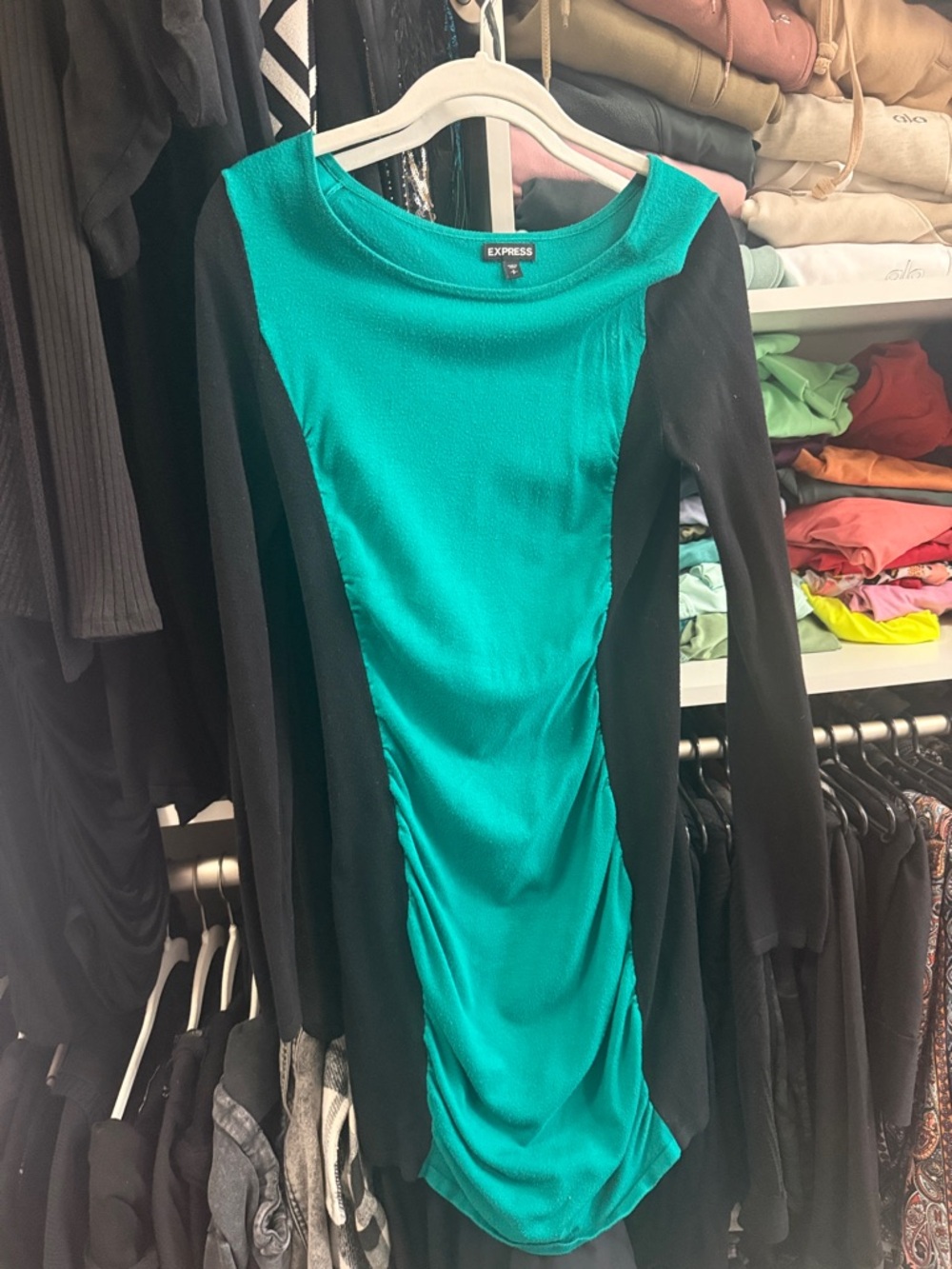 Express Teal and Black Long-Sleeve Bodycon Dress